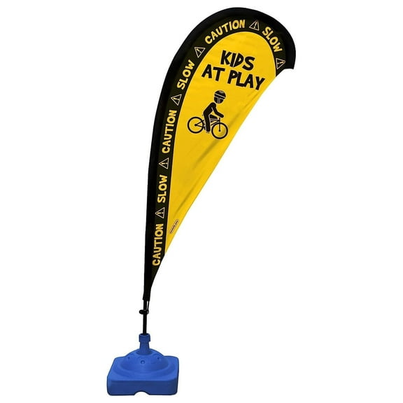 Teardrop Banner Flag Safety Sign with Fiberglass Poles and Weighted Base for Yards and Driveways -"Kids at Play", Yellow