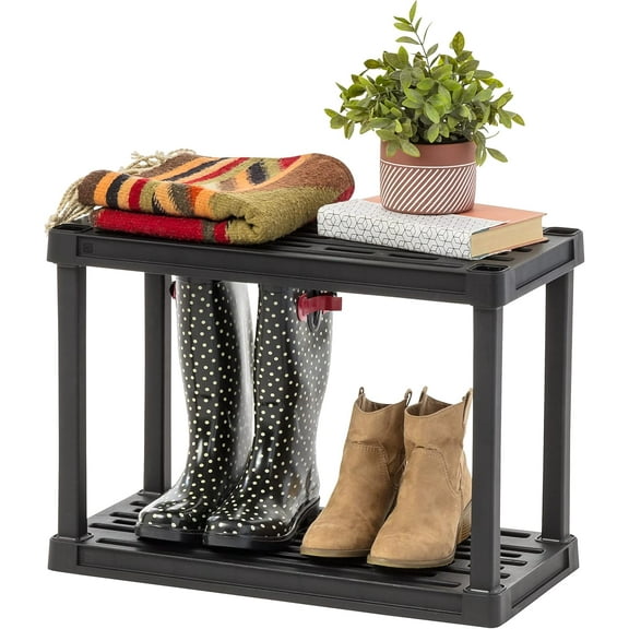 IRIS USA 2-Tier Shelving Unit, 17'' Fixed Height, Medium Storage Organizer for Home, Shoe Rack Entryway, Garage, Closet, and Laundry Room, 24''W x 12''D x 17"H, Made with Recycled Materials, Black