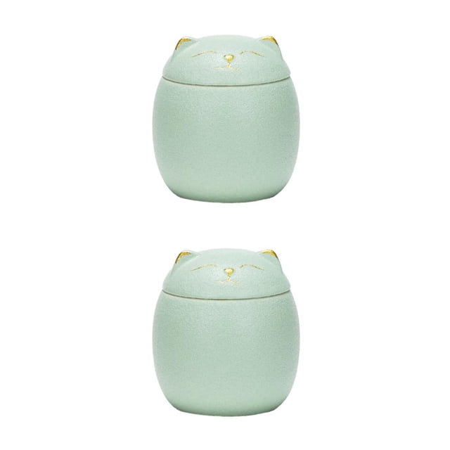 kurtrusly Bocaux en Céramique Grande Capacité Mignons pour Grand Application Forme de Chat Bocaux à Thé en Céramique Forme de Chat Bocaux de Rangement Verts 150ml 2ensemble