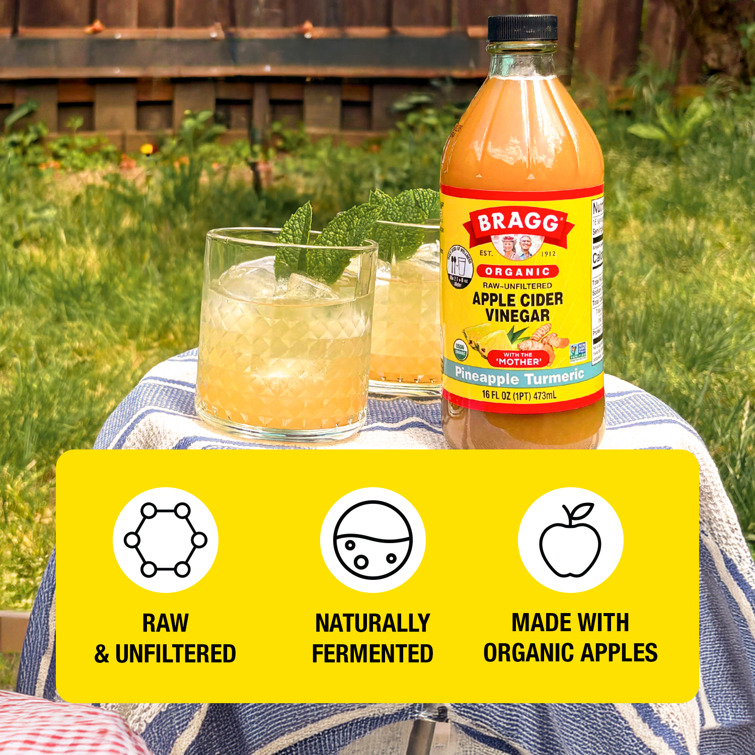 (6 pack) Bragg Organic Apple Cider Vinegar Pineapple Turmeric with The Mother, Raw and Unfiltered, 16 fl oz