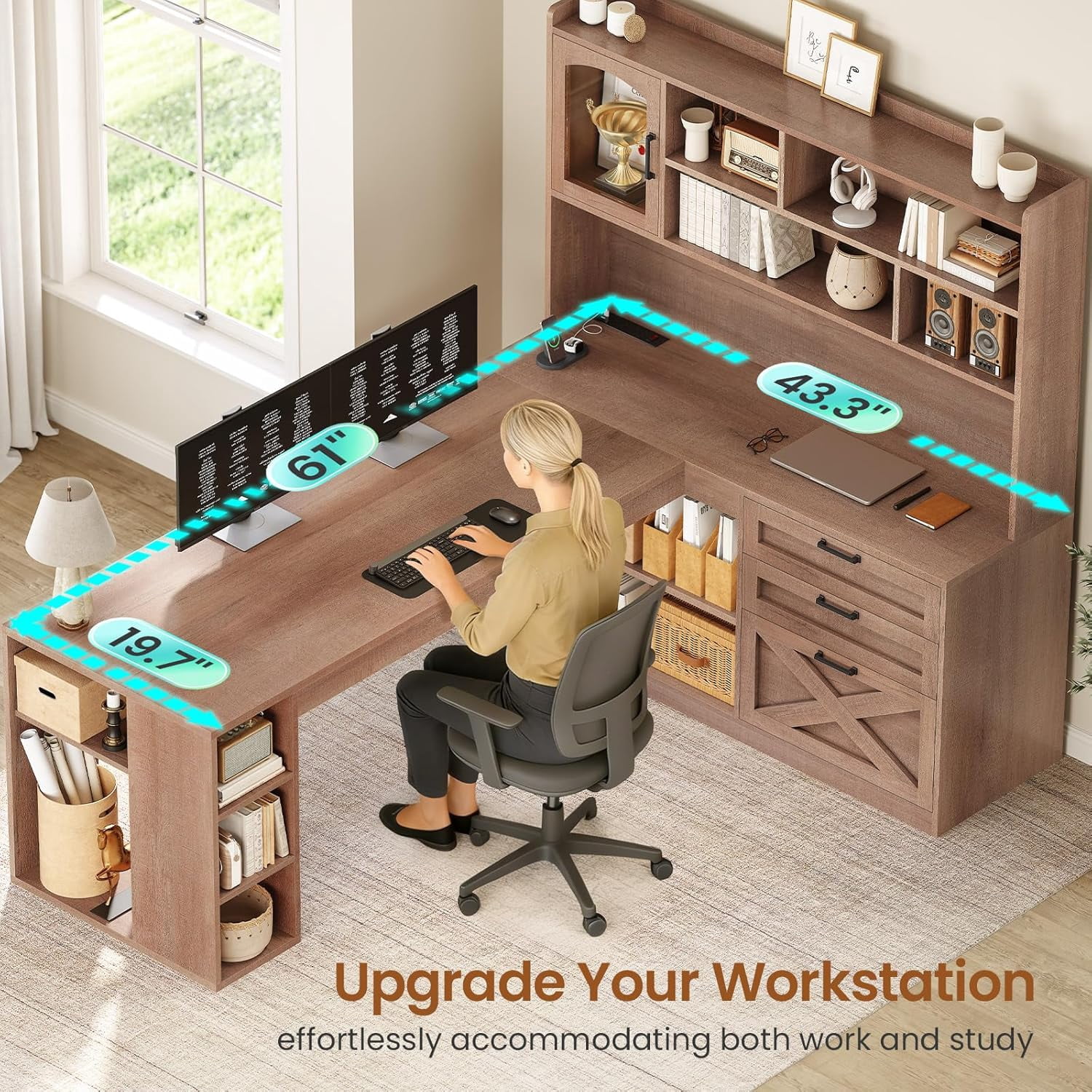 SEDETA Farmhouse L Shaped Office Desk with Storage, 61 Inch Large Computer Desk with 3 Drawers, 11 Open Shelves and Power Outlet, Corner Gaming Desk with LED Light and Display Cabinet, Natural