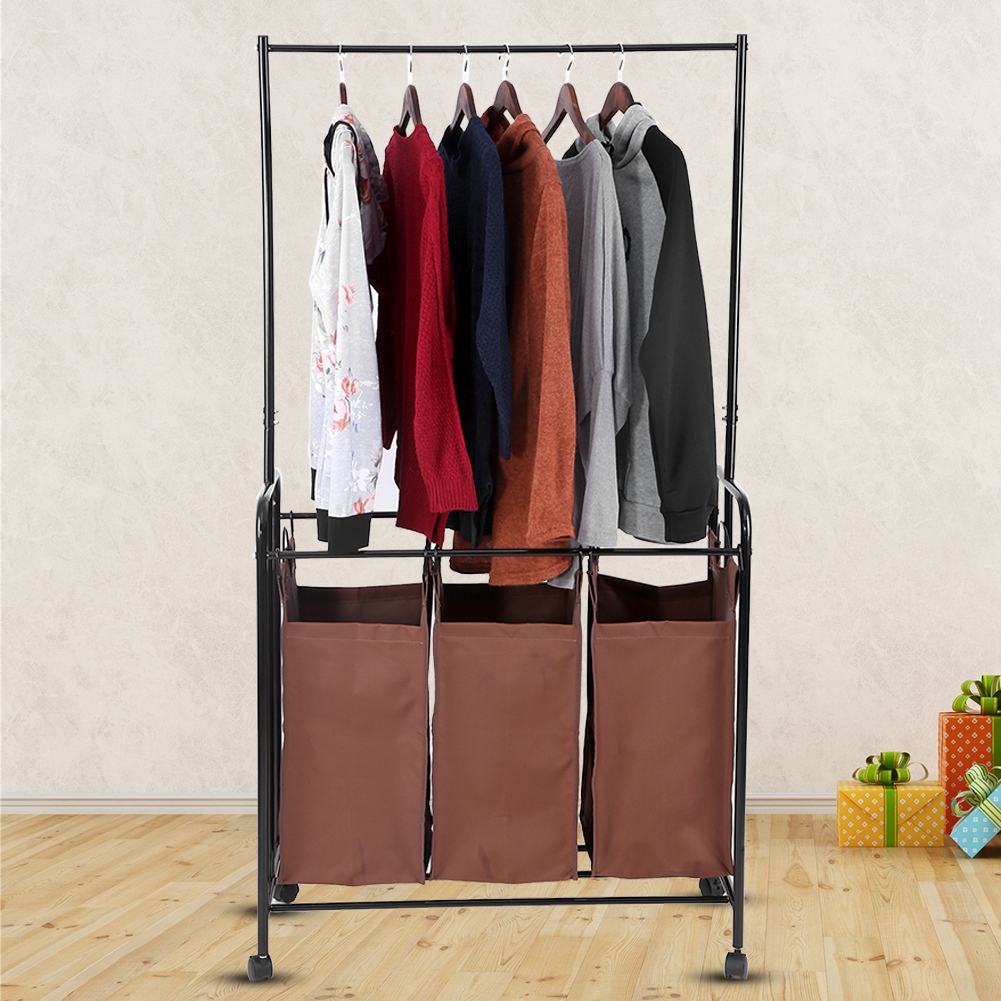 WALFRONT 3 Durable Detachable Bags Mobile Laundry Sorting Trolley Cart