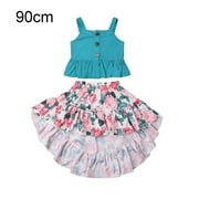 2Pcs Baby Top Skirt Outfit Dot Backless Vest Ruffled Hem Printed Clothes, 100cm