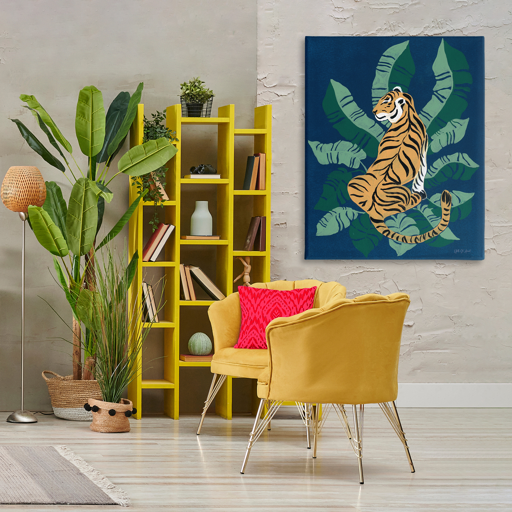 Stupell Industries Tiger Sitting over Palms Animals & Insects Painting Gallery Wrapped Canvas Art Print Wall Art, 36 x 48