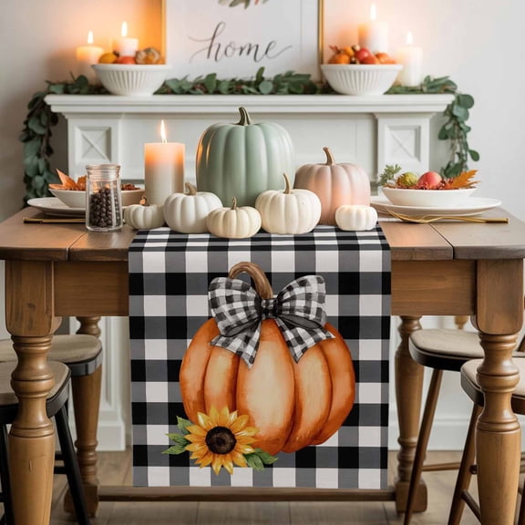 Thanksgiving Pumpkin Cotton Linen Table Runner, Washable Table Runners for Kitchen, Dining Room, Holiday, Home Party Table Decor, 13x36 Inches