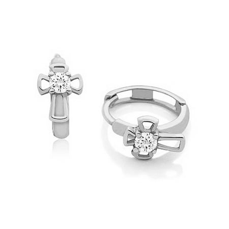 0.5' Hoop Huggie Earrings - Girls 14k White Gold Cross Huggie Hoop Earrings with Cubic Zirconia (0.5