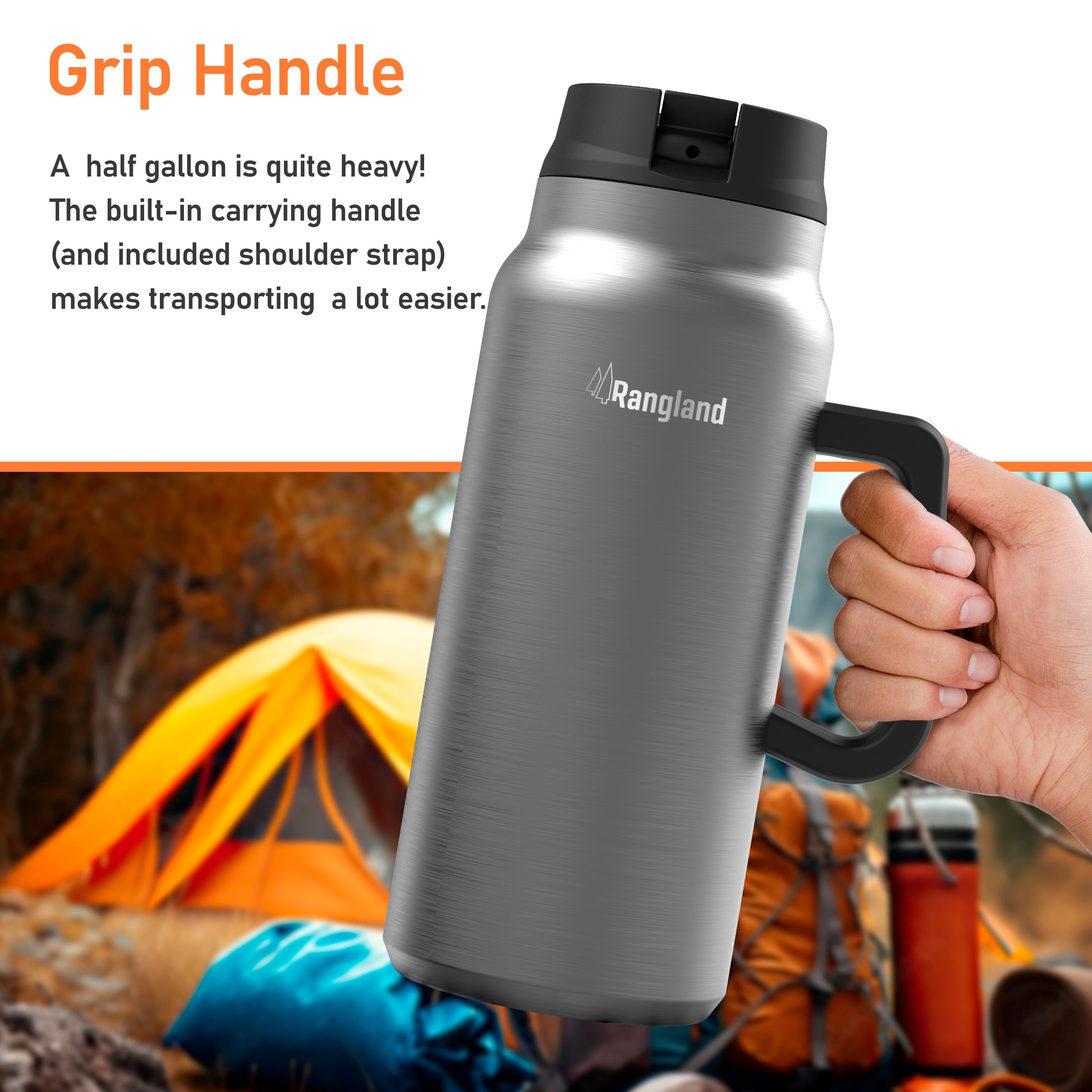 64 oz Water Bottle with Filter Straw Lid and Handle, Insulated Filtered Half Gallon Tumbler for Hot/Iced Drinks (Neoprene Carrying Strap Bag Included)