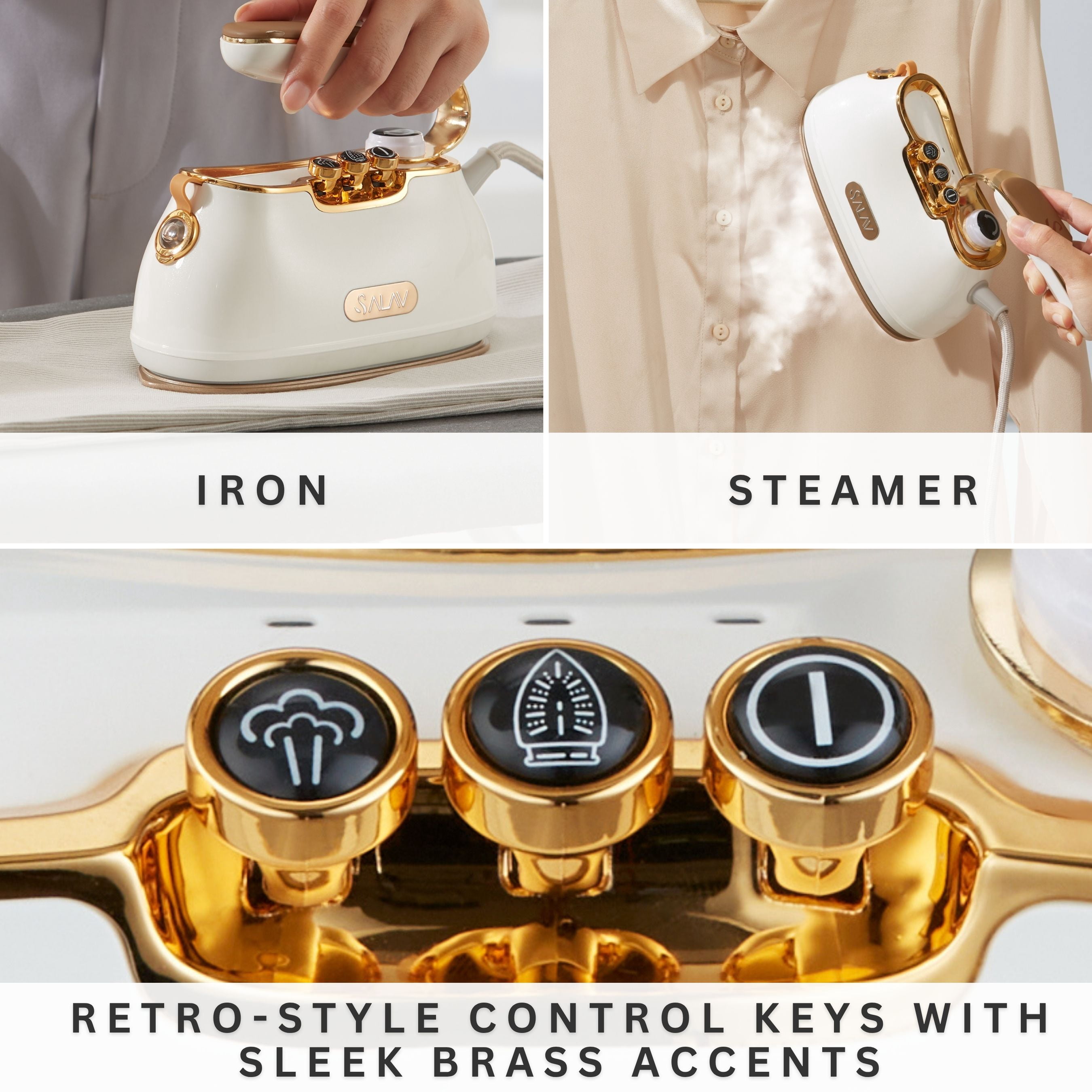 SALAV® Retro Edition Duopress Steamer and Iron with Ceramic Coated Plate, Pearl
