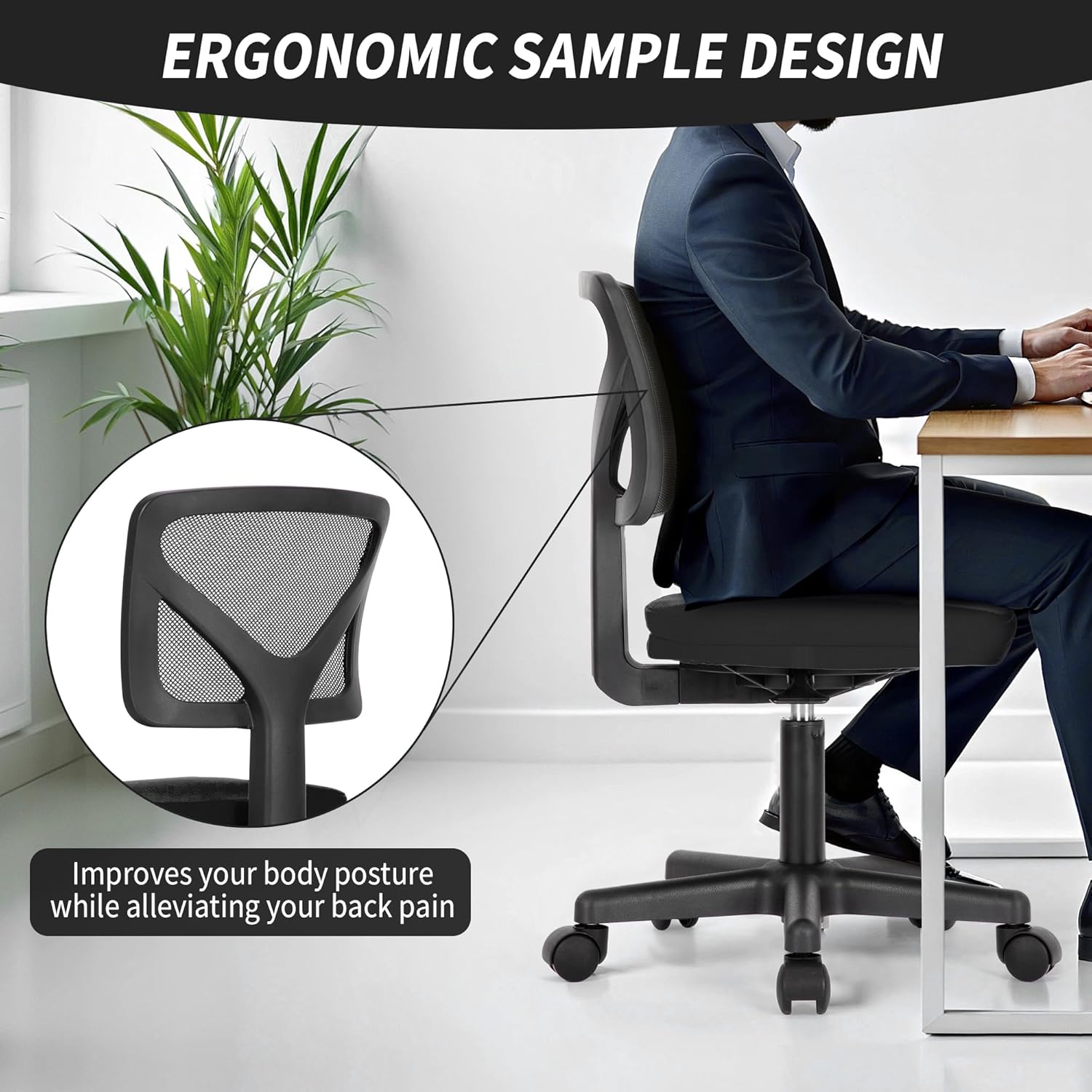 QUIOCOZY Armless Small Home Office Desk Chair, Ergonomic Low Back Computer Chair, Adjustable Rolling Swivel Task Chair with Lumbar Support for Small Space