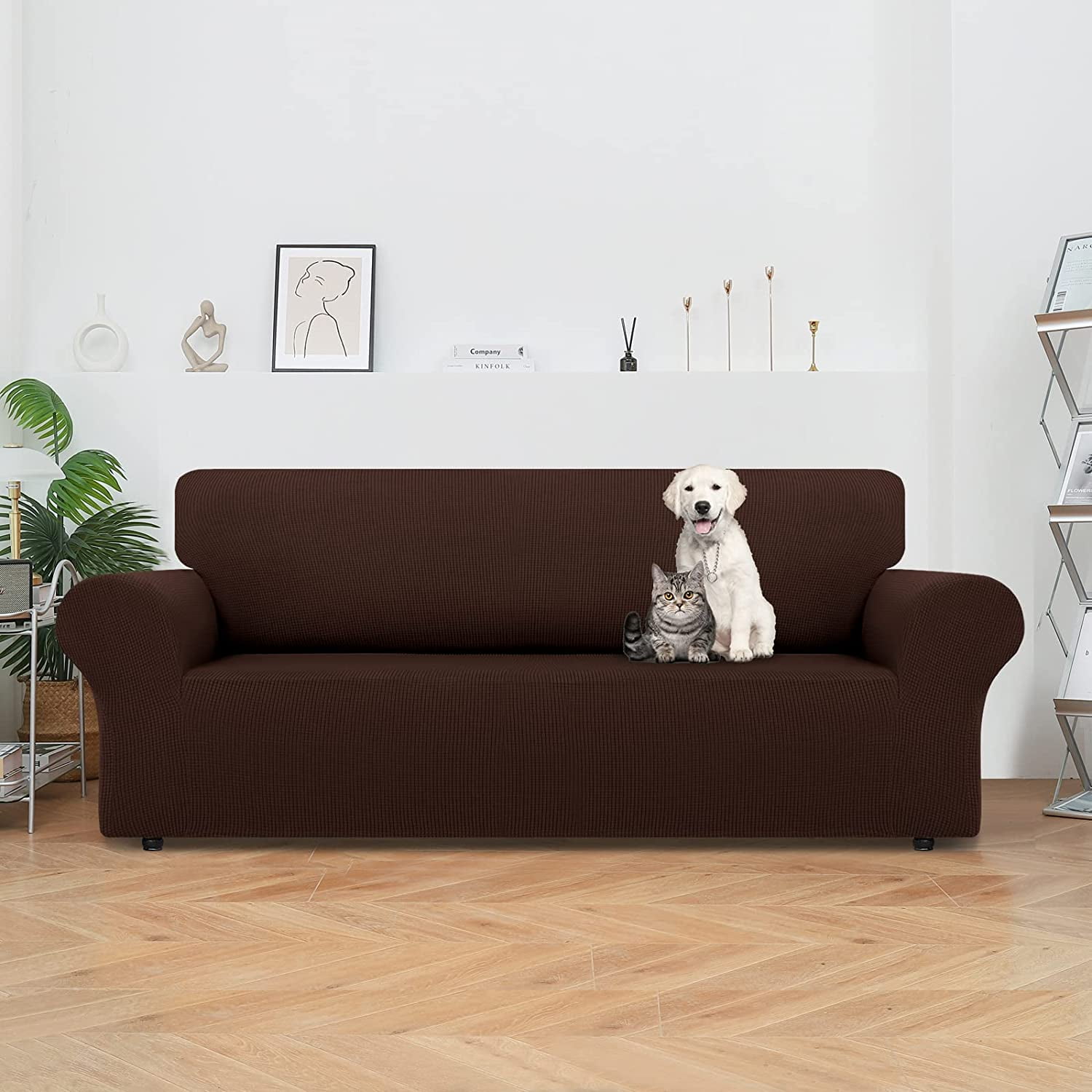 Zhuge Stretch Sofa Slipcovers Couch Covers for 3 Cushion Couch Sofa Pet Friendly Non Slip Sofa Cover Washable Furniture Protector with Elastic Bottom (Large,Brown)