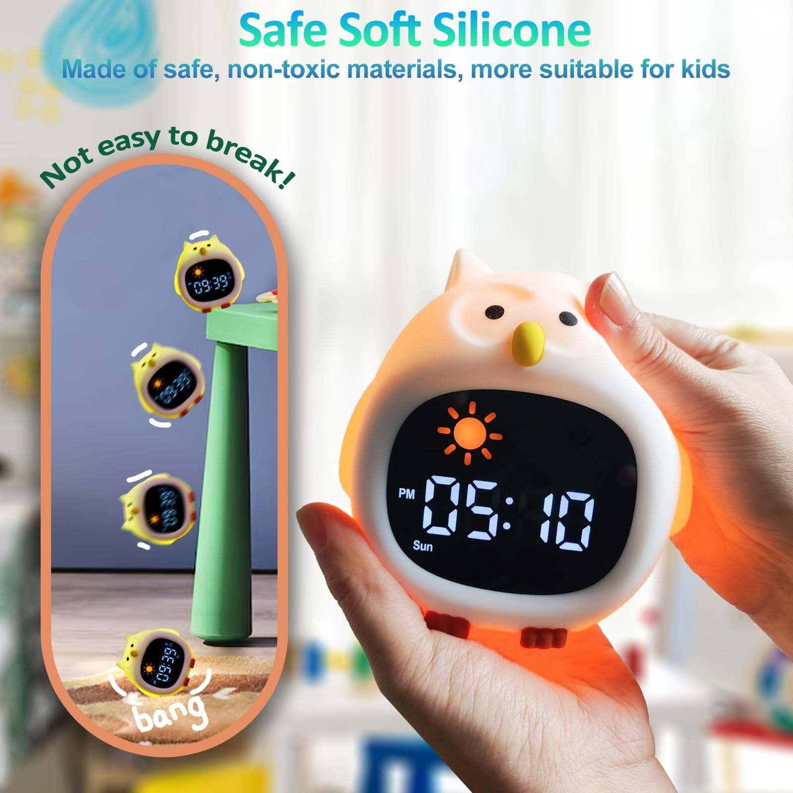 Alarm Clock with Sound Machine for Kids, 6 White Noises and 9 Colors Night Light, Ok to Wake Clock, Include 1800mAh Battery for Portability and Memory Function, for Kids