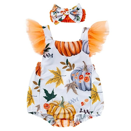 

KTMKH 2024 New Children s Bodysuits Halloween Pumpkin Print Pure Cotton Jumpsuit Baby Fashion Flying Sleeve Back Cross Bodysuit Overall Suit For Kids size 0-3 Months
