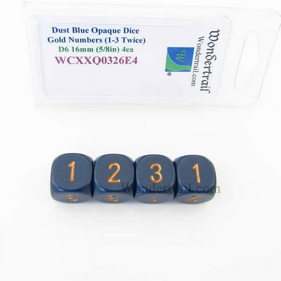 Dusty Blue Opaque Dice with Gold Numbers D3 (D6 1-3 Twice) 16mm (5/8in) Pack of 4 Wondertrail