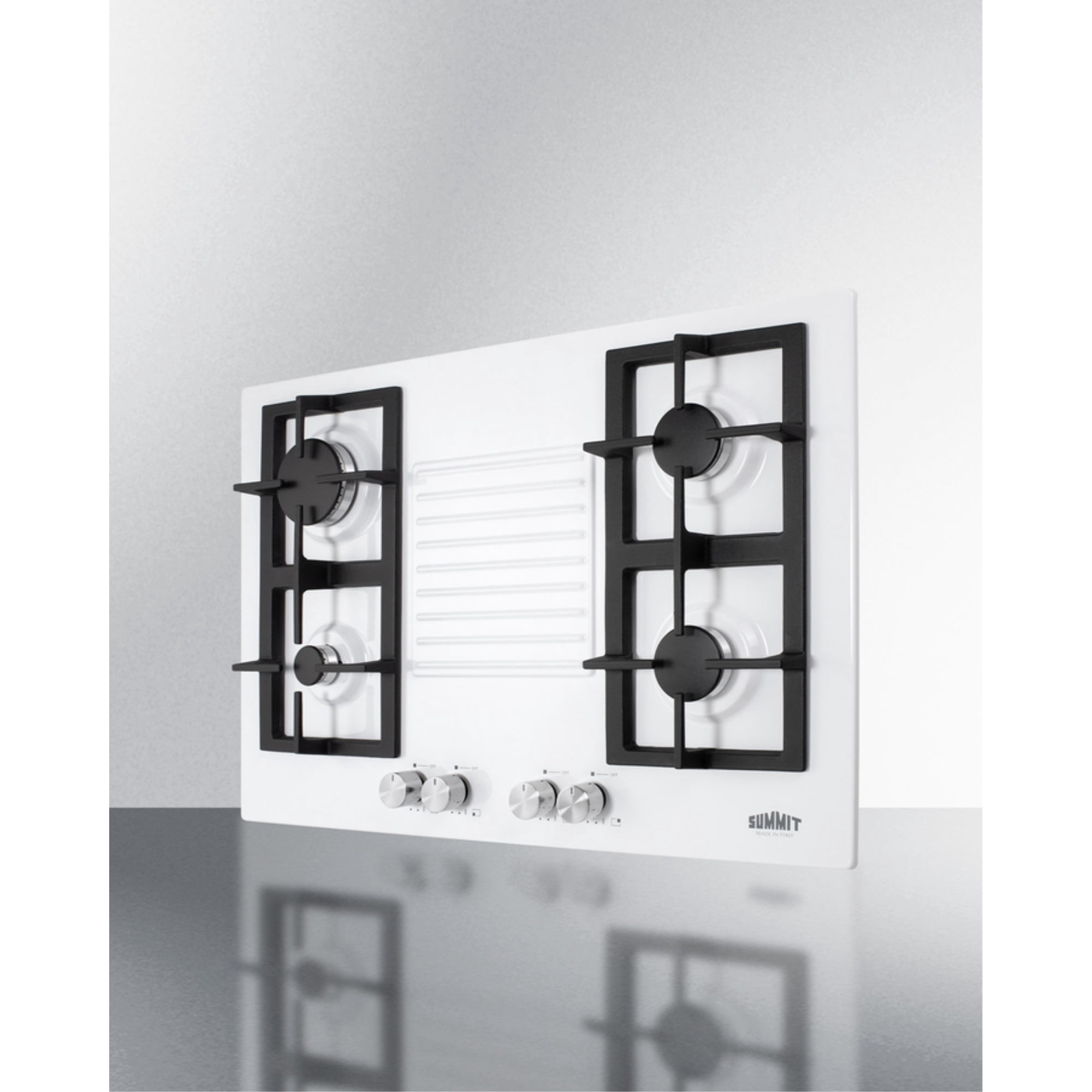 30" wide 4-burner gas cooktop in white with sealed burners and cast iron grates