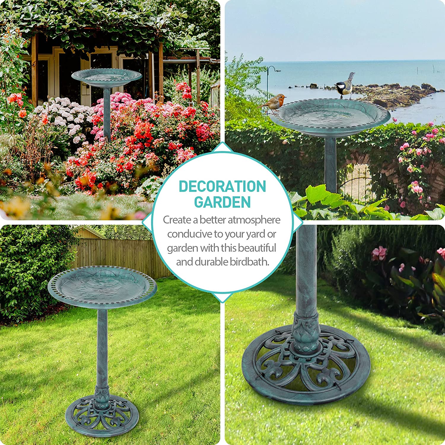 CHTER 28 Inch Height Polyresin Bird Bath Antique Outdoor Garden Decor Vintage Yard Art, Green