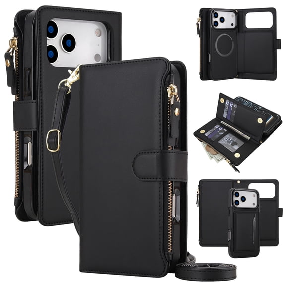 Zipper Wallet Leather Case, 2 in 1 Detachable Magnetic Phone Cover with Card Slot Stand Holder,Black,for iPhone 18 Pro Max/17 Pro Max