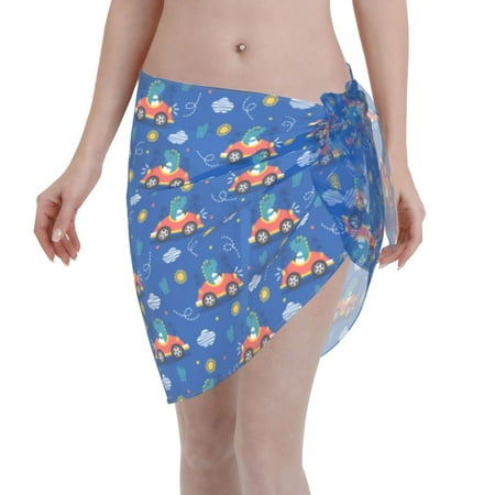 Qekee Dinosaur Driving Women s Short Sarongs Cover Ups Sheer Bikini Wraps for Swimwear