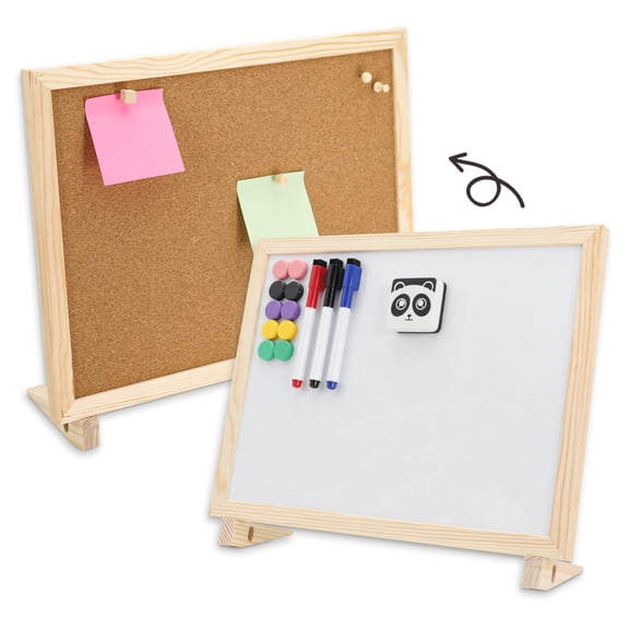 SHOOFFICE Cork Board White Board Combo, 16" x 12" Magnetic Corkboard for Desktop and Wall, Wooden Frame