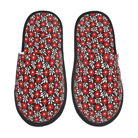 Balery Red Floral Slient Indoor Furry Fleece Comfort House Shoes Soft Non-Slip Home Shoes Cotton slippers House Slippers-- Large