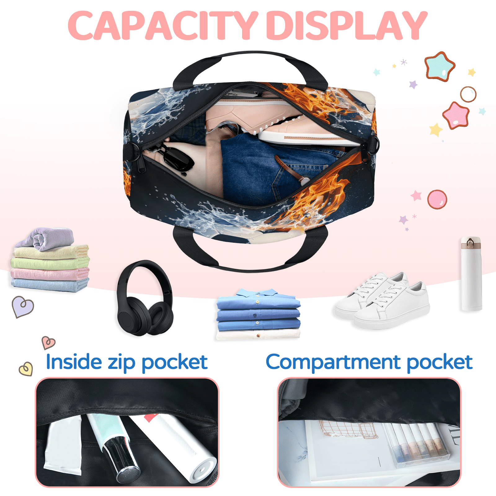 Herdesigns Soccer Ball On Fire And Water Travel Duffle Bag Sports Yoga Weekender Overnight Carry on Workout Bags Lightweight Waterproof Gym Tote Bag for Women