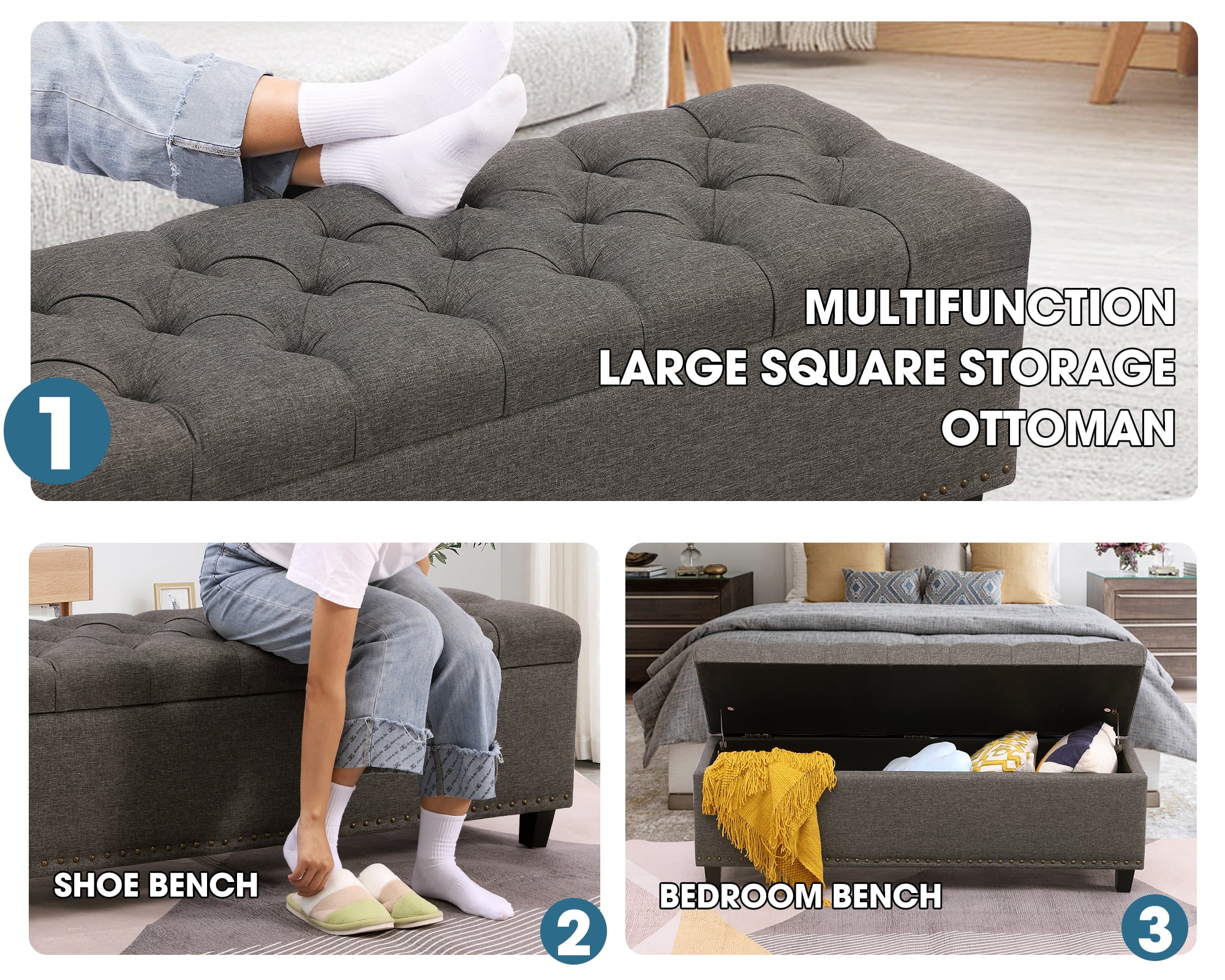 Haverchair 51" Ottoman Storage Benches, 30 Gallons End of Bed Storage Bench, Large Rectangular Storage Ottoman, Button-Tufted Ottoman with Storage for Living Room Bedroom, Foot of Bed (Gray)