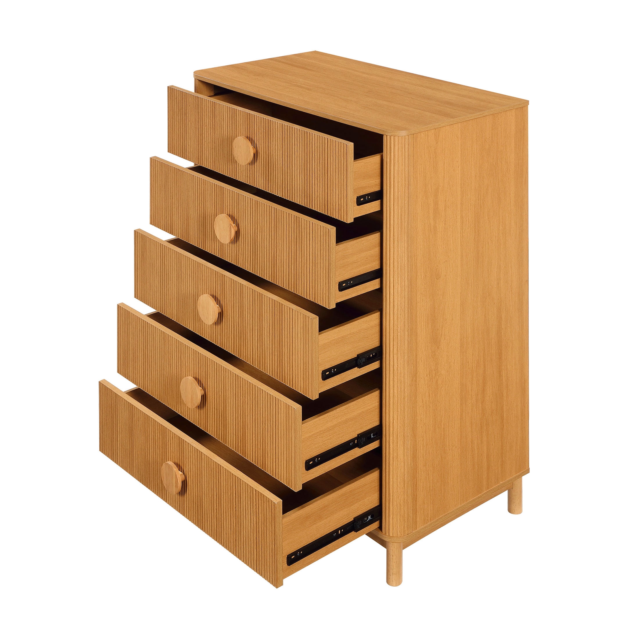 Beautiful Fluted 5 Drawer Dresser, 48" Tall, Warm Honey Finish