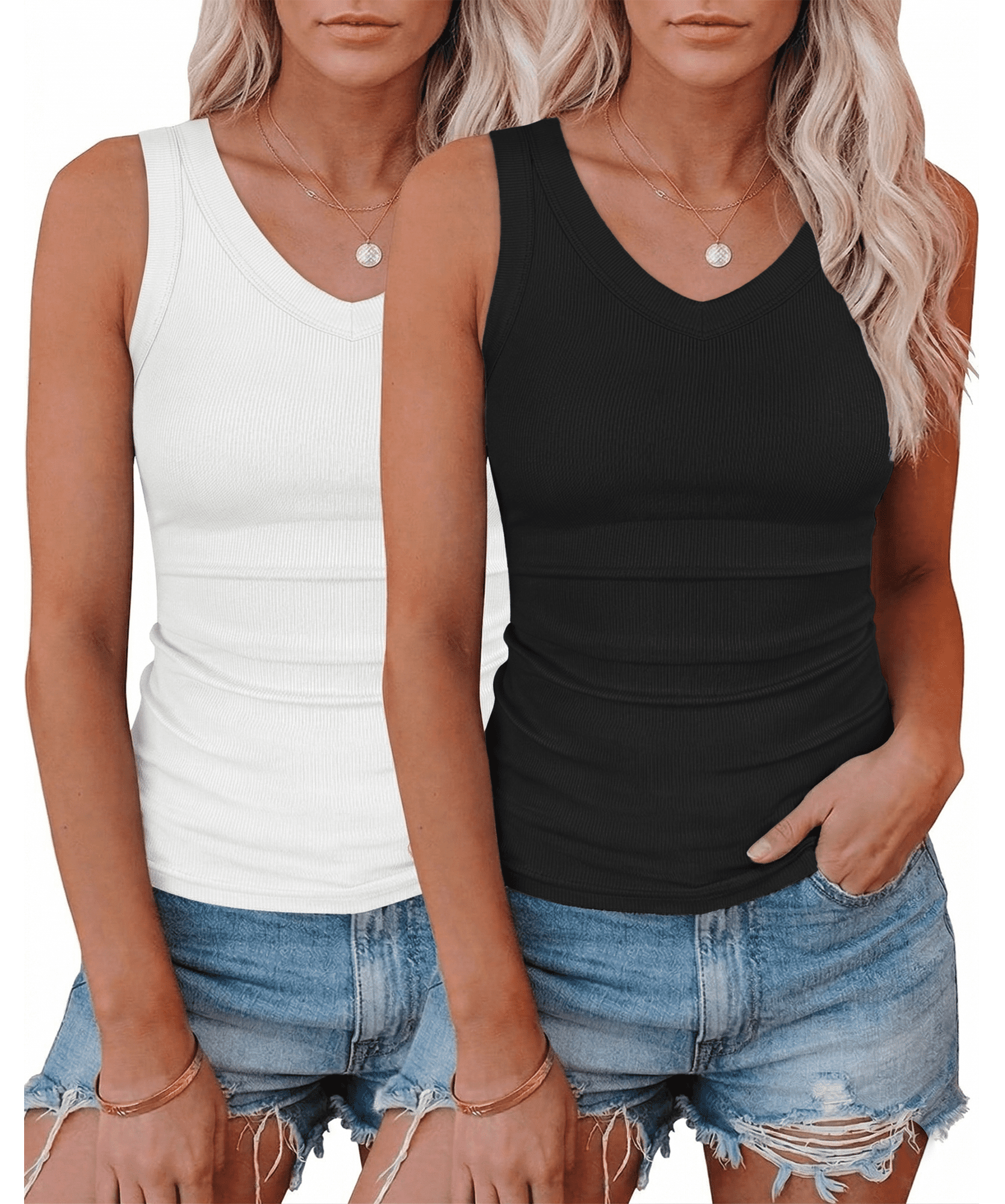 WQD 2 Pack Tank Tops for Women V Neck Ribbed Knit Slim Fitted Sleeveless Basic Tee Tanks Casual Summer Fashion Clothes