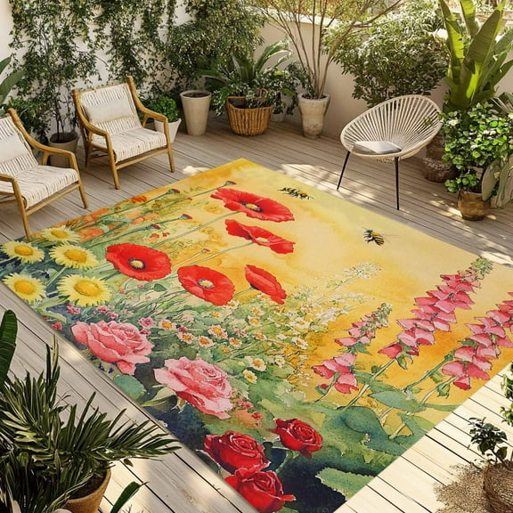 Fsddascl Poppy Botanical Outdoor Rug for Patio/Deck/Porch, Non-Slip Large Area Rug 4 x 6 Ft, Vintage Floral Yellow Ombre Indoor Outdoor Rugs Washable Area Rugs, Reversible Camping Rug Carpet Runner