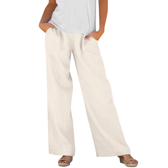 Womens Baggy Pants, Comdrip Women's Soft Stretch Elastic Waist Pull-on Long Trousers Lounge Trousers with Pockets Casual Pants for Women Beige L