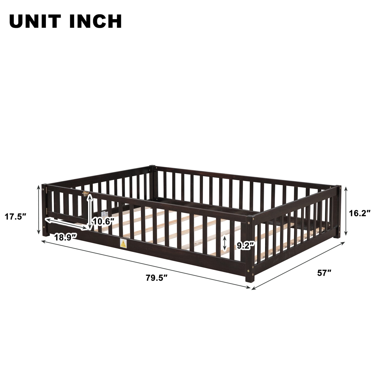 Full Size Floor Bed for Kids, Wood Platform Bed with Fence and Door, Montessori Bed Frame with Slats Support, Playhouse Bed with Door Design, for Toddler, Boys,Girls,No Box Spring Needed,Espresso