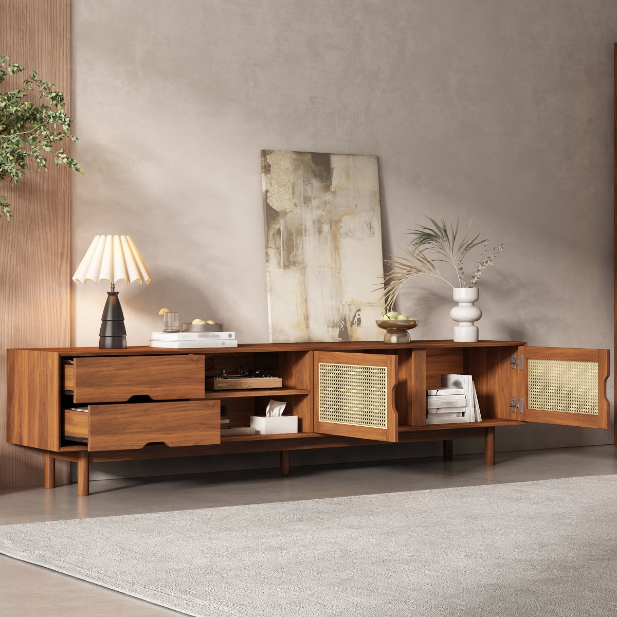 Walnut 78 Inch TV Stand for TVs up to 85 Inch Rattan Front Panels 2 Drawers Solid Wood Legs Media Console