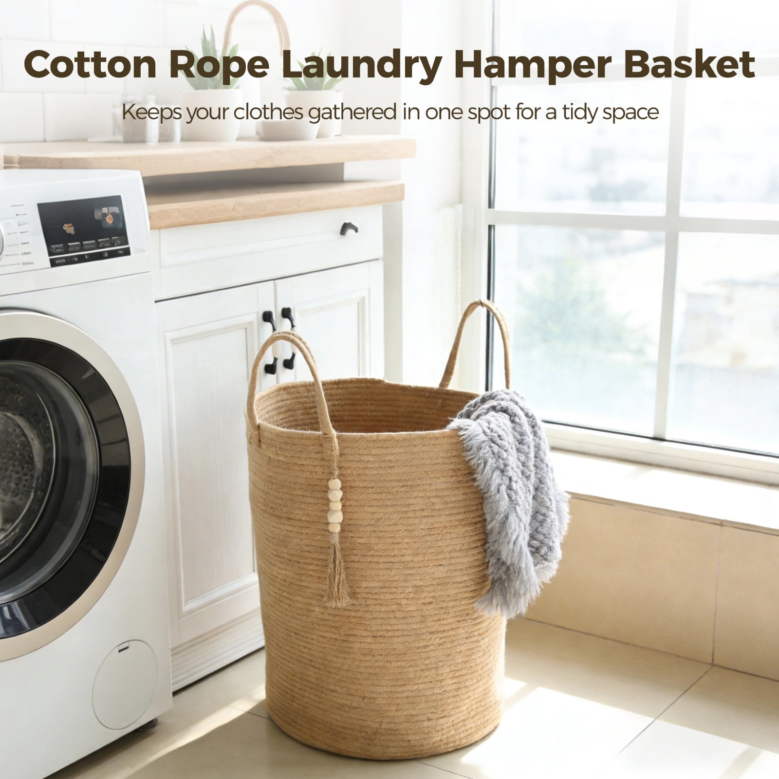 Cotton Rope Laundry Hamper Basket, 58 L Woven Laundry Basket with Handle, 19.7"x 15" Tall Storage Bin with Bead Tassel, Large Clothes Hamper, Toy Blanket Organizer for Living Room, Bedroom