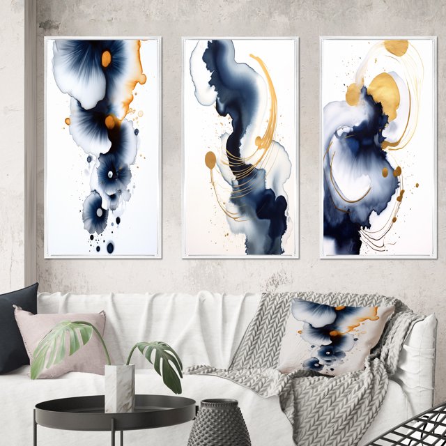 Designart "Suites of Distant Moods Gilded Ink Abstract I" Abstract Painting Framed Wall Art Set Of 3 - Blue Modern Frame Gallery Set For Office Decor
