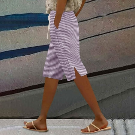 Ndbuld Women s Capri Sweatpants Ladies High Waisted Summer Solid Color Slim Base Five Quarter Waist Belt Pocket Summer SavingsPurpleS