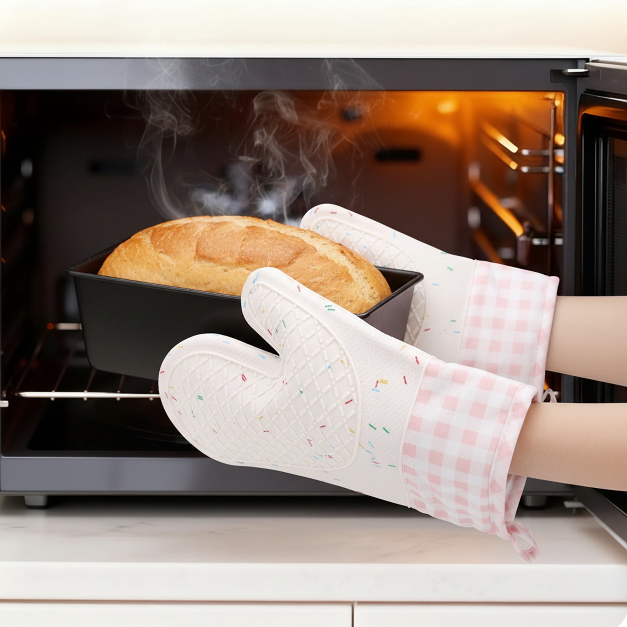 Unique Bargains Cotton Oven Mitts Heat Resistant Cooking Gloves Pink 11.4x7.3x7.3inch