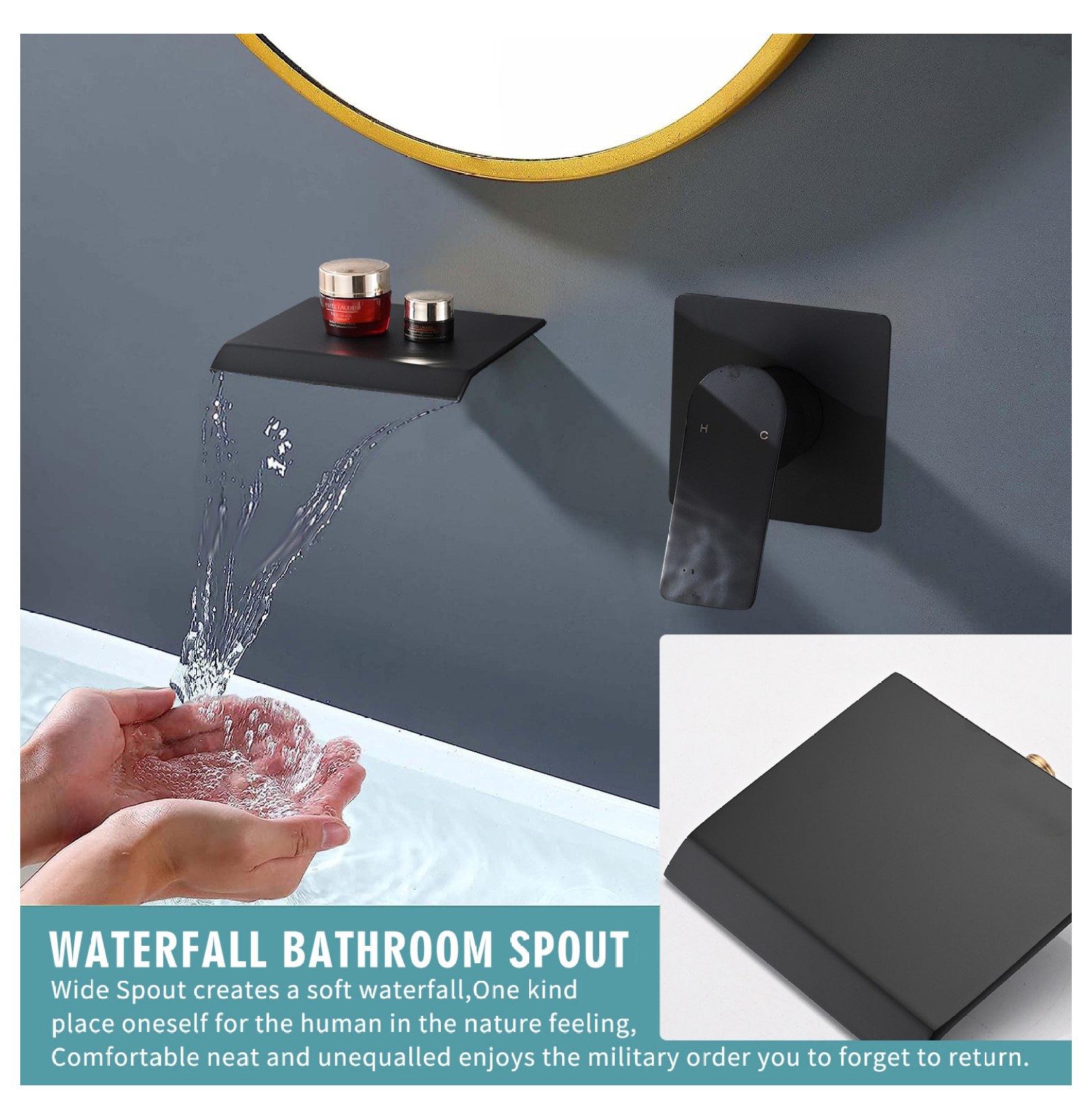 Matte Black Wall Mount Bathtub Faucet - Single Handle Modern Waterfall Tub Spout with Rough-in - Stainless Steel Bathroom Sink Faucet