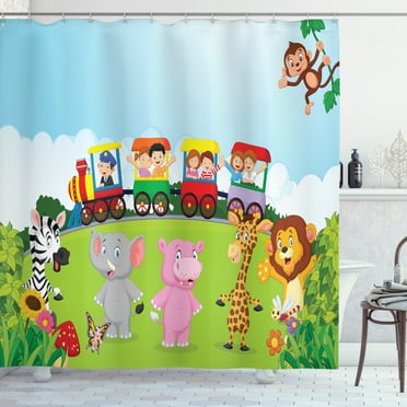 Ambesonne Cartoon Shower Curtain, Happy Savannah Forest Train, 69"Wx75"L, Multicolor