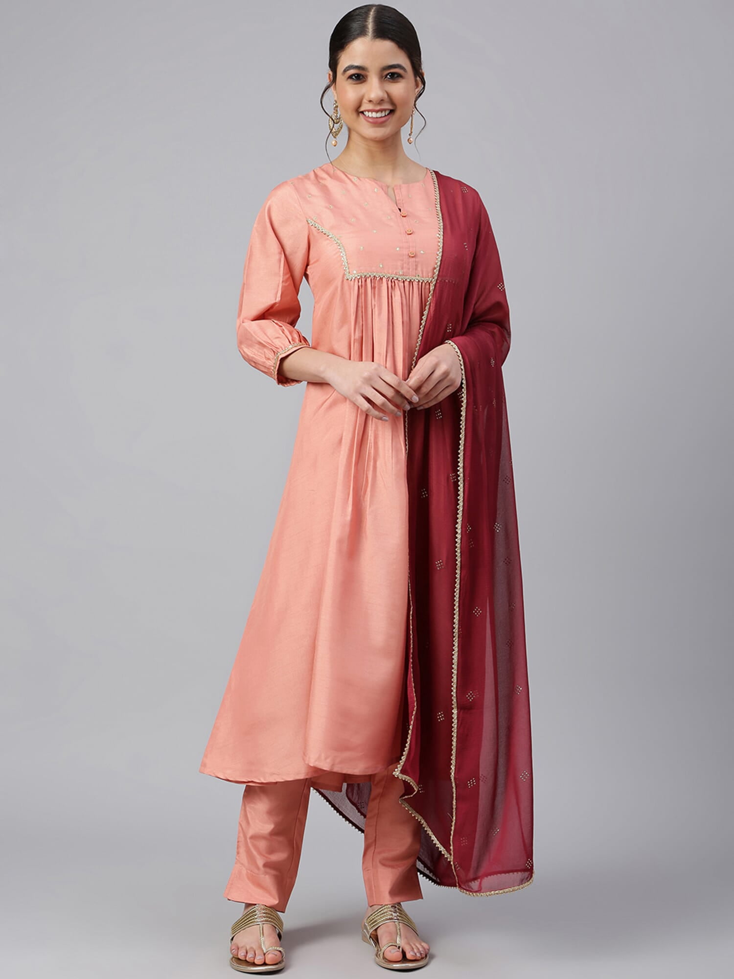 Women's Silk Blend Peach Embroidered Kurta Pant With Dupatta