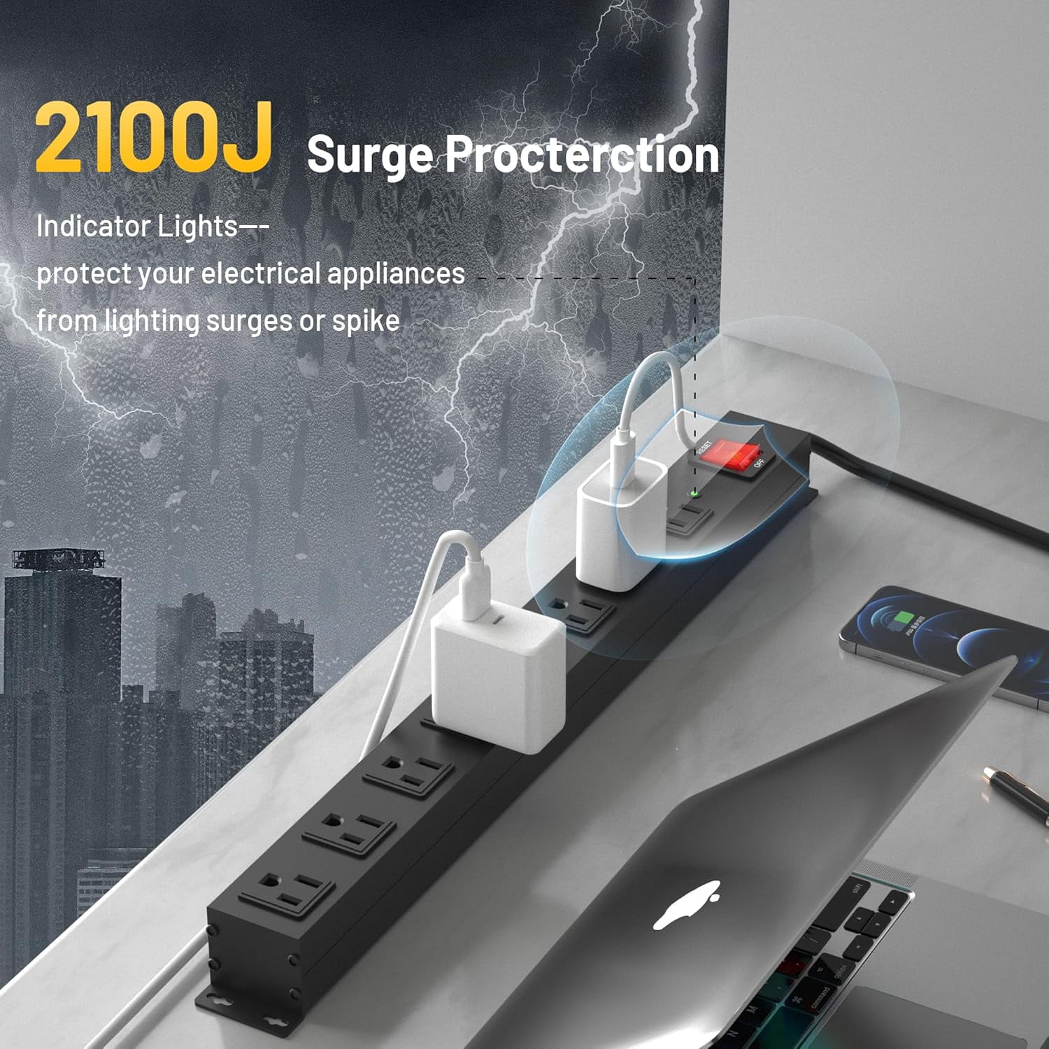 8 Outlet Heavy Duty Power Strip Surge Protector, 2100J Protection Metal Strip, 15A/1875W Mountable Strips with Upgraded Switch, 14AWG 6FT Extension Cord, Black