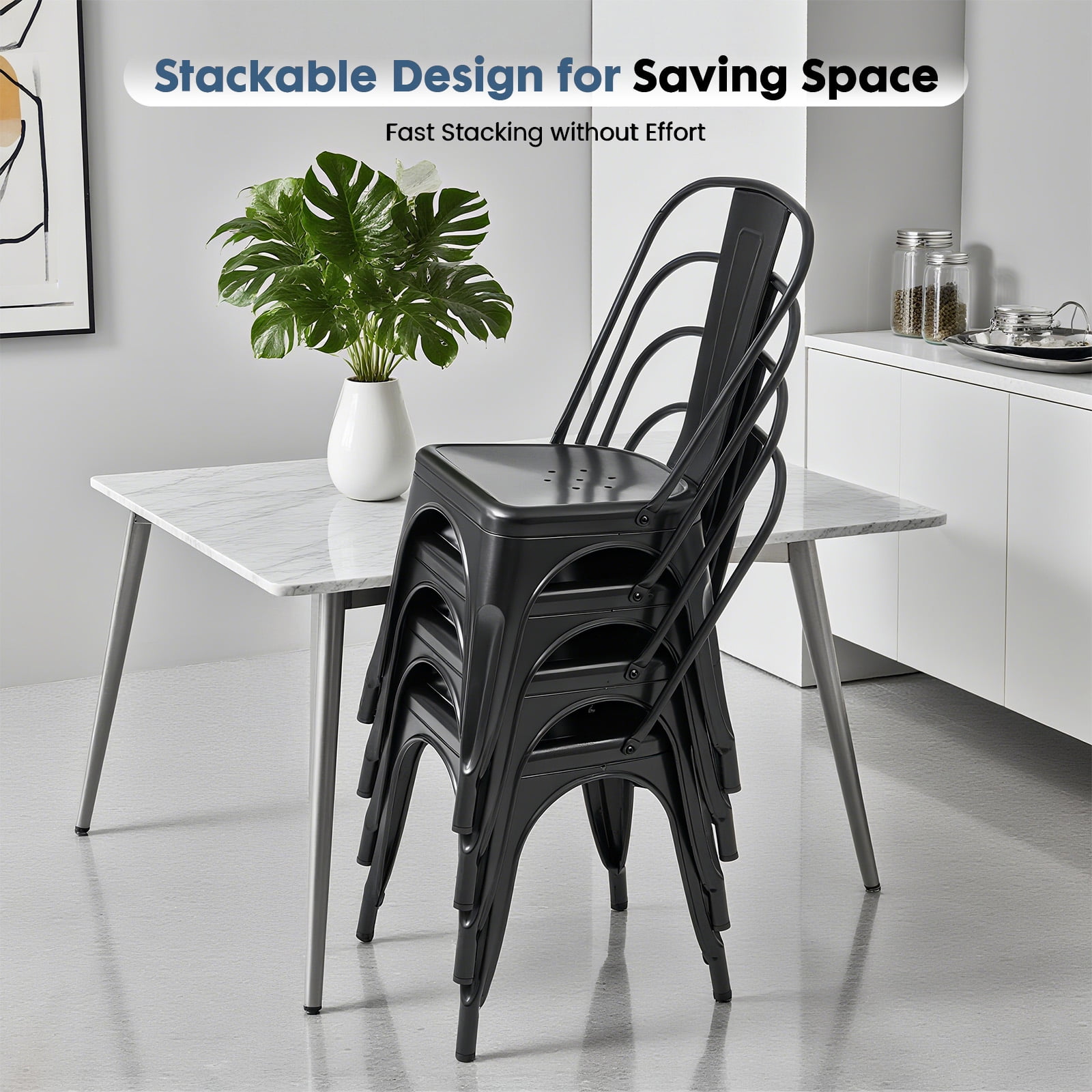 edx Metal Dining Chairs Set of 4, 18" Stackable Indoor Industrial Vintage Chairs, Black