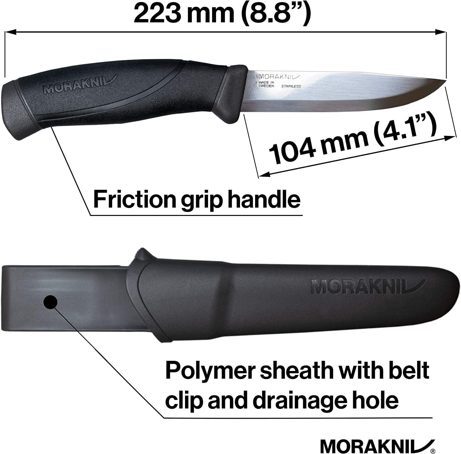 Morakniv Companion Sandvik Stainless Steel Fixed-Blade Knife With Sheath, 4.1 Inch