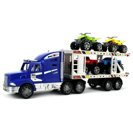 Off-Road King Express Trailer Children's Kid's Friction Toy Truck Ready To Run w/ 4 Toy ATV Cars, No Batteries Required (Colors May