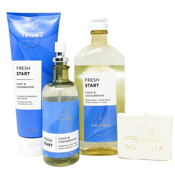 Bath & Body Works Aromatherapy Fresh Start Sage & Cedarwood - Trio Gift Set - Body Cream, Body Wash and Essential Oil Mist with a Natural Oats Sample Soap.