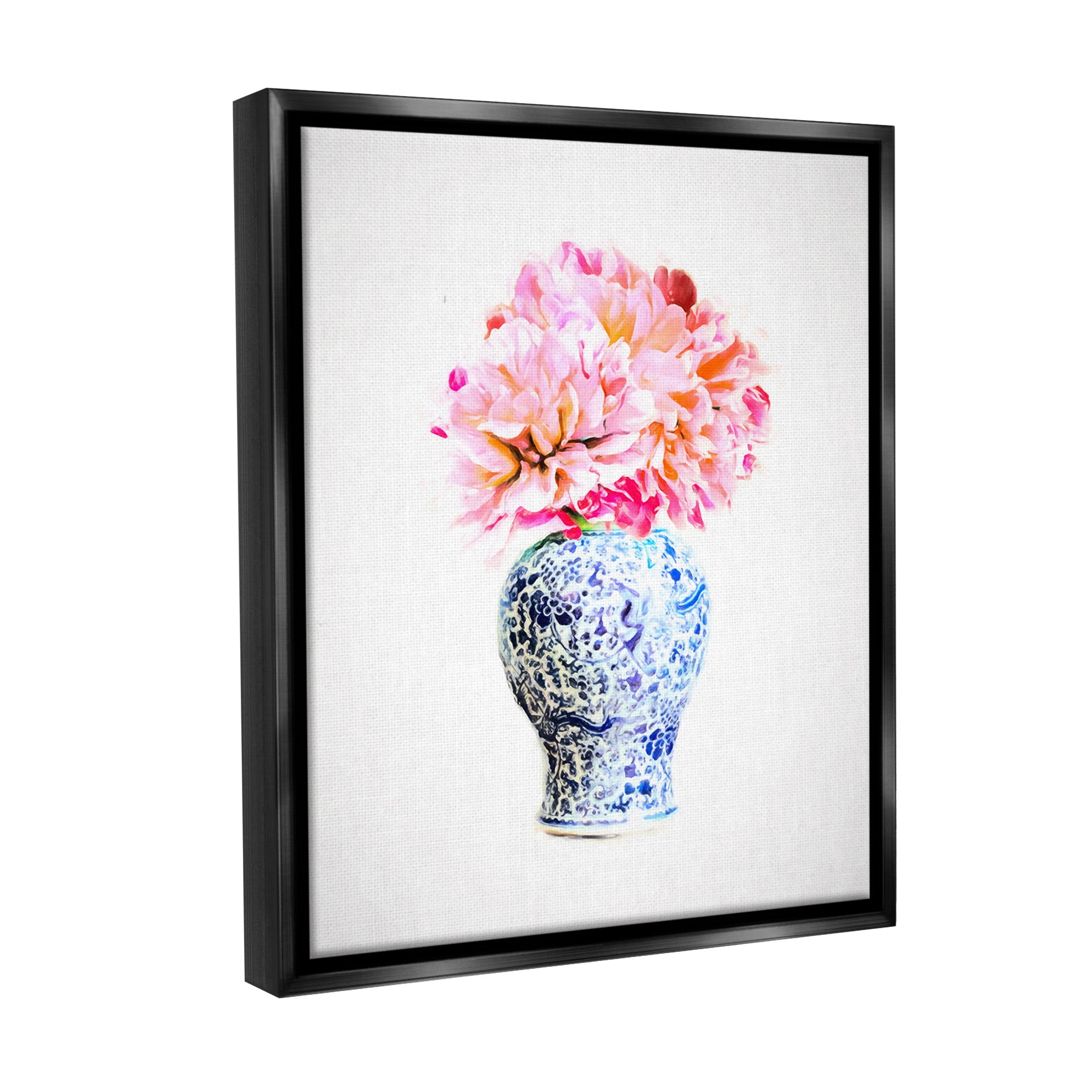 Stupell Industries Dahlia with Oriental Vase Botanical & Floral Painting Black Floater Framed Canvas Art Print Wall Art, 17 x 21