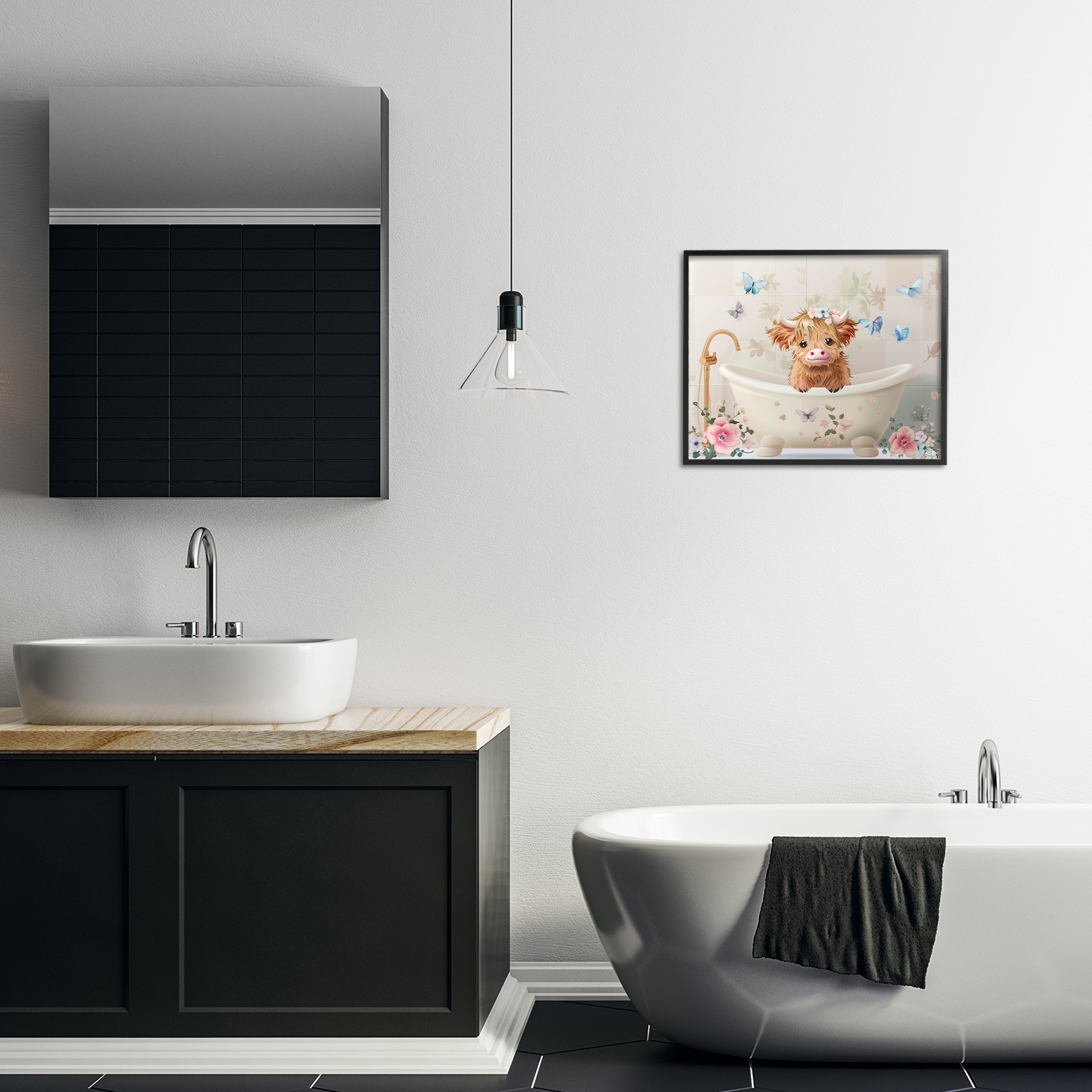 Baby Cattle in Floral Tub Black Framed Giclee Art, design by Shawna Stewart
