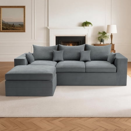 AHB 96" Modular Sectional Sofa, Cloud Couch with Deep Seat & Ottoman, L-Shaped Corduroy Sofa for Living Room, 3-Seater Boneless Couch with Armrest & Pillows, No Assembly Required