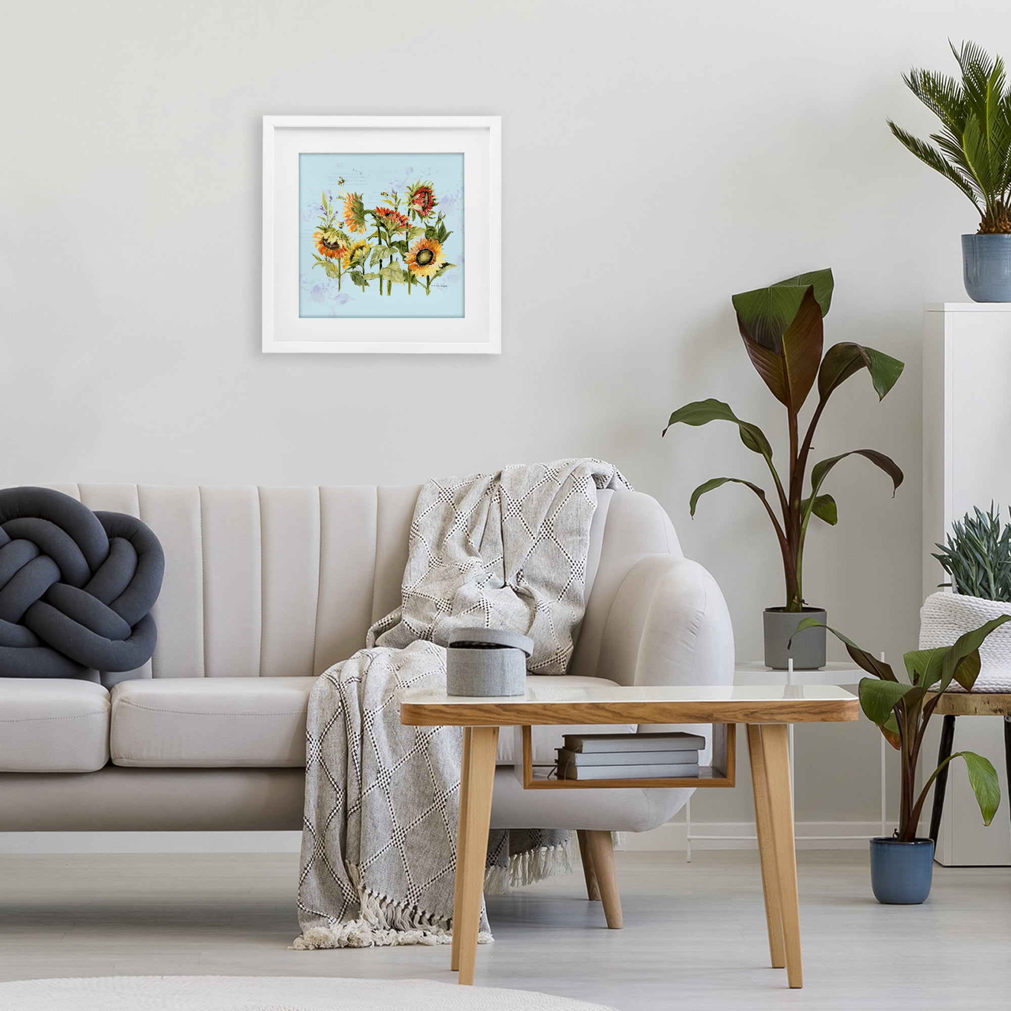 Stupell Industries Sunflowers & Bee on Blue White Framed Print Under Glass, design by Susan Winget