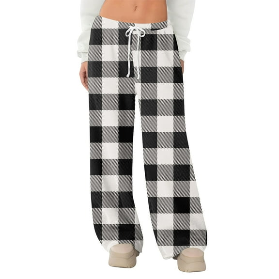 Fabrcox Plaid Flannel Women Pj Bottoms S-3xl Oversized Wide Leg Warm Sleepwear Pants Drawstring Straight Leg Long Pajamas Pants Gray 3XL
