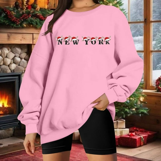 WILLBEST Sweat à Capuche pour Femmes, Imprimé Lettre de Noël, Col Rond, Manches Longues, Mignon, Ample, 6x