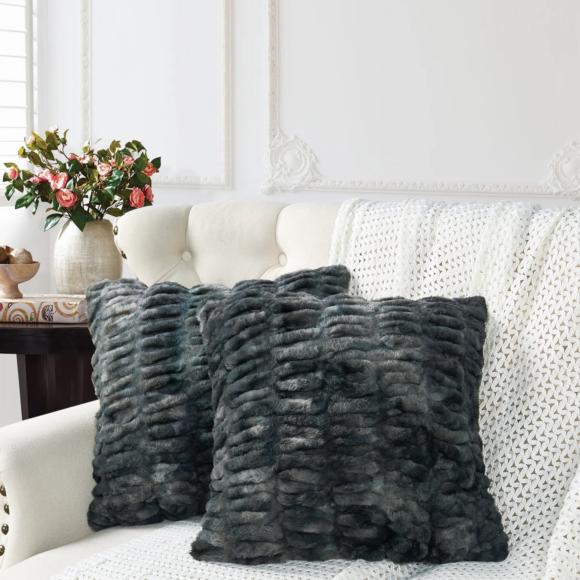 Home Soft Things Shar Pei Faux Fur Decorative Throw Pillow Covers, Soft Velvety Pillow Cases Cushion Covers, No Pillow Insert, Set of 2, Meteorite, 20" x 20"